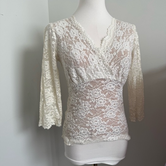 Vintage White Lace Mesh Top – Y2K Coquette Fairycore Romantic Blouse S - Picture 4 of 6